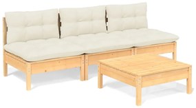 Set mobilier gradina cu perne crem, 4 piese, lemn masiv de pin maro si crem, 1