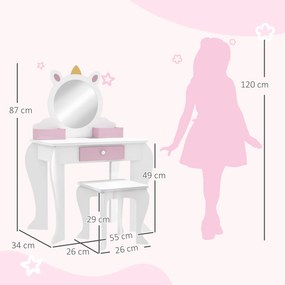 ZONEKIZ Set de Toaletă pentru Fete cu Taburet și Oglindă, Design Unicorn | Aosom Romania