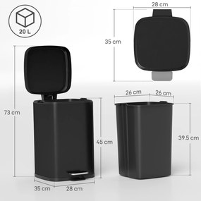 HOMCOM Coș de gunoi dreptunghiular cu pedală 20 L din metal, cu capac, găleată detașabilă, antiamprentă, negru | Aosom Romania