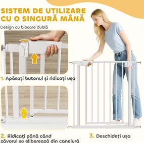 PawHut Poartă de Siguranță pentru Copii și Animale, Poartă pentru Câini cu Închidere Automată, Deschidere în Ambele Direcții, Montare prin Presiune, 76-82x76 cm, Alb | Aosom Romania