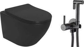 Pachet vas wc suspendat Rea Carlo, capac softclose si set dus igiena intima negru cu baterie incastrata Invena Bidetta