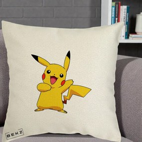 Perna Personalizata Pikachu Fericit, 40x40 cm, Ecru, Husa Detasabila, Perna Inclusa, BEKZ®