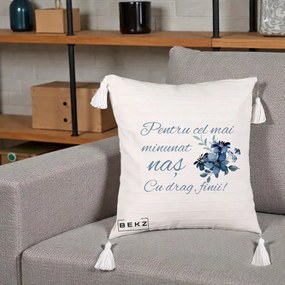 Cadou pentru Nas - Perna Personalizata Pentru Cel mai Minunat Nas Cu drag Finii, 40x40 cm, Bej cu Franjuri, Husa Detasabila, Perna Inclusa, BEKZ®
