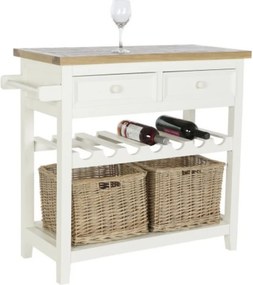 Consolă hol shabby chic din lemn de paulownia, alb, cu 2 sertare, raft pentru sticle, raft jos și blat gri, 80,5 x 88 x 38 cm, „Vinara”