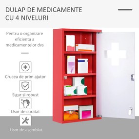 HOMCOM Dulap Prim Ajutor Montabil Perete, Cutie Medicamente, 60x30x12 cm, Roșu | Aosom Romania