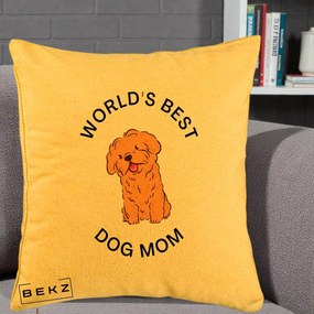 Cadou pentru Iubitorii de Caini - Perna Personalizata World's Best Dog Mom, 40x40 cm, Galben, Husa Detasabila, Perna Inclusa, BEKZ®