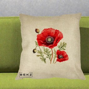Perna Decorativa Maci Rosii Acuarela, 40x40 cm, Crem, Husa Detasabila, Perna Inclusa, BEKZ®