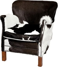 Fotoliu clasic alb și negru din piele naturală de vacă, cu nituri decorative și picioare din lemn de stejar, 70×68×73 cm, „Cowhide Turner”