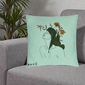 Perna Decorativa Portret Feminin Profil Flori Portocalii, 40x40 cm, Verde Menta, Husa Detasabila, Perna Inclusa, BEKZ®