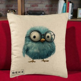 Perna Decorativa Pui Pufos Teal cu Ochelari, 40x40 cm, Bej, Husa Detasabila, Perna Inclusa, BEKZ®