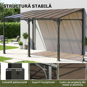 Outsunny Pergolă Adosată 4x3 m cu Acoperiș din Policarbonat, Foișor din Metal și Aluminiu cu Șuruburi, pentru Exterior, Terasă și Grădină, Protecție UV, Maro | Aosom Romania
