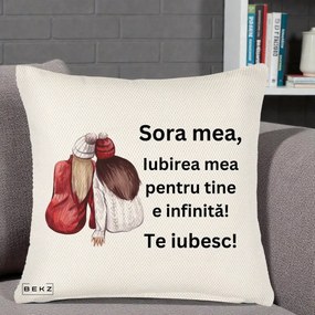 Cadou pentru Sora - Perna Personalizata Sora Mea Te Iubesc Doua Fete Iarna Acuarela, 40x40 cm, Crem Reliefat, Husa Detasabila, Perna Inclusa, BEKZ®