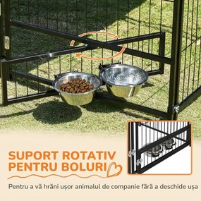 PawHut Gard pentru Câini din Metal cu Ușă pentru Boluri, Gard pentru Câini de Exterior cu Acoperiș, 141x141x151 cm, Negru și Maro