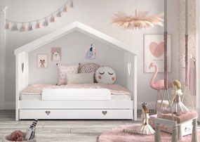 Sertar Pat AMORI pentru Copii, 90x190 cm, Alb (Pin Scandinavian și MDF), Design Romantic – Vipack