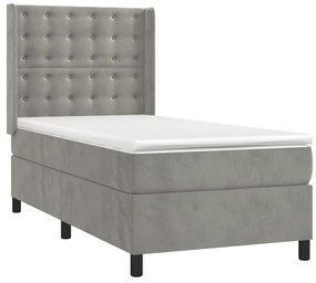 Pat box spring cu saltea, gri deschis, 90x190 cm, catifea Gri deschis, 90 x 190 cm, Nasturi de tapiterie