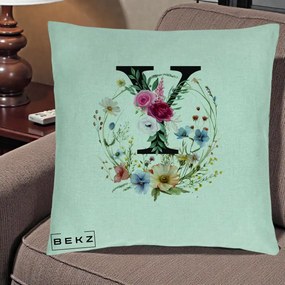 Cadou Personalizat - Perna Personalizata Monograma Florala Litera Y cu Coroana, 40x40 cm, Verde Menta, Husa Detasabila, Perna Inclusa, BEKZ®