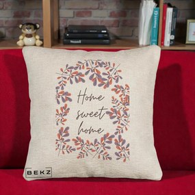 Perna Decorativa Home Sweet Home Frunze Colorate, 40x40 cm, Bej Canapea, Husa Detasabila, Perna Inclusa, BEKZ®