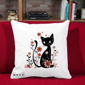 Perna Decorativa Pisica Neagra Flori Roz si Inimi, 40x40 cm, Alba Mata, Husa Detasabila, Perna Inclusa, BEKZ®