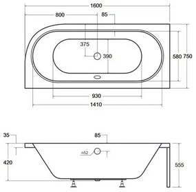 Cada asimetrica Besco Avita 160x75 cm alb lucios cu montaj stanga