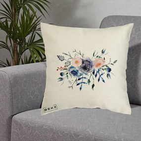 Perna Decorativa Buchet Flori Albastre Acuarela, 40x40 cm, Ecru, Husa Detasabila, Perna Inclusa, BEKZ®