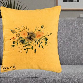 Perna Decorativa Buchet Flori Albastre Acuarela, 40x40 cm, Galben, Husa Detasabila, Perna Inclusa, BEKZ®
