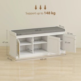 HOMCOM Banc pentru încălțăminte intrare 9 perechi, banc de depozitare, 3 uși din ratan, pernă și raft reglabil, 105x35x47cm, alb | Aosom Romania