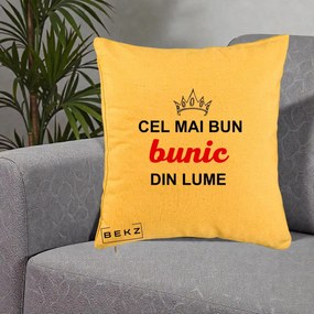 Cadou pentru Bunic - Perna Personalizata Cel Mai Bun Bunic Din Lume Coroana Rosu, 40x40 cm, Galben, Husa Detasabila, Perna Inclusa, BEKZ®