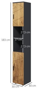 kleankin Corp înalt de depozitare pentru baie 2 uși poliță reglabilă 2 nișe 30 x 30 x 183 cm stejar gri antracit | Aosom Romania