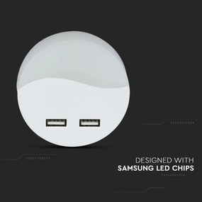 Lampa de veghe rotunda cu senzor si USB, chip Samsung, 0.45W, lumina calda (3000K), 2A, V-TAC