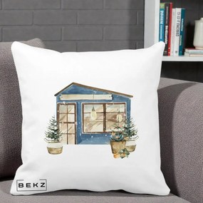 Perna Decorativa Casa de Iarna Watercolor, 40x40 cm, Alba Mata, Husa Detasabila, Perna Inclusa, BEKZ®