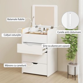 HOMCOM Stație de Machiaj 3 în 1 cu Oglindă Rabatabilă, Scaun Ascuns, Toaletă de Machiaj cu Scaun Tapițat pe Roți, 3 Sertare, Blat din Sticlă Transparentă, Compartiment, Compact, Alb | Aosom Romania