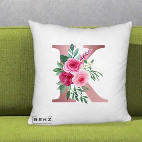 Cadou Personalizat - Perna Personalizata Monograma Rose Gold Litera K, 40x40 cm, Alb Pufos, Husa Detasabila, Perna Inclusa, BEKZ®