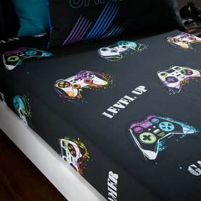 Cearceaf pentru copii negru pentru pat de o persoană cu elastic 90x190 cm Game Over – Catherine Lansfield