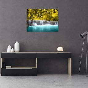 Tablou pe sticlă - Cascadă, cu culori strălucitoare (70x50 cm)