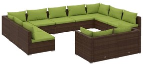 Set mobilier de gradina cu perne, 11 piese, maro, poliratan maro si verde, 4x colt + 7x mijloc, 1