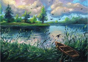 Tablou- Pictură în ulei, seară de vară lângă lac (70x50 cm)