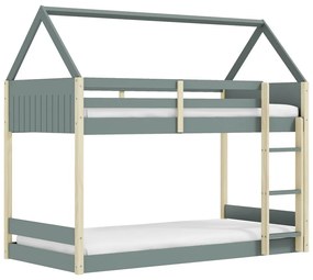 Pat pentru copii în culoare naturală/verde prăfuit de tip casă/supraetajat cu somieră 90x190 cm Valka – Marckeric