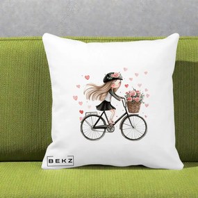Perna Decorativa Fetita Kawaii pe Bicicleta cu Trandafiri si Inimioare, 40x40 cm, Alba Mata, Husa Detasabila, Perna Inclusa, BEKZ®
