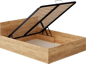Pat cu somieră metalic şi spaţiu de depozitare, 160x200, stejar craft auriu, DOLI