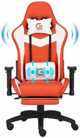 Scaun gaming, masaj în perna lombară, piele ecologică, suport picioare, Roșu