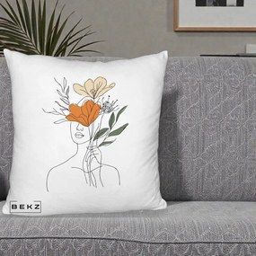 Perna Decorativa Portret Feminin Coroana Florala, 40x40 cm, Alb Pufos, Husa Detasabila, Perna Inclusa, BEKZ®