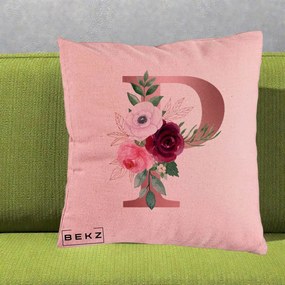 Cadou Personalizat - Perna Personalizata Monograma Rose Gold Litera P, 40x40 cm, Roz, Husa Detasabila, Perna Inclusa, BEKZ®