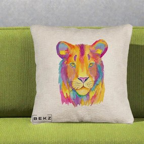 Perna Decorativa Leu Acuarela Curcubeu, 40x40 cm, Bej Canapea, Husa Detasabila, Perna Inclusa, BEKZ®
