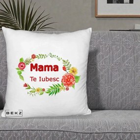 Cadou pentru Mama - Perna Personalizata Mama Te Iubesc Flori Rosii, 40x40 cm, Alb Pufos, Husa Detasabila, Perna Inclusa, BEKZ®