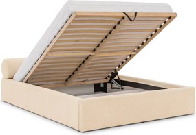 Pat matrimonial crem tapițat cu spațiu de depozitare cu somieră 200x200 cm Cille – Ropez