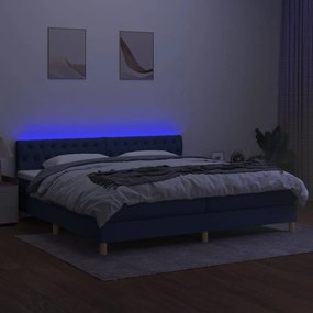 Pat cu arcuri, saltea si LED, albastru, 200x200 cm, textil Albastru, 200 x 200 cm, Design cu nasturi