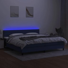 Pat cu arcuri, saltea si LED, albastru, 200x200 cm, textil Albastru, 200 x 200 cm, Benzi orizontale