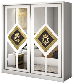 Dormitor Deluxe, culoare alb / negru, cu pat tapitat 160 x 200, dulap 200 cm, comoda si 2 noptiere