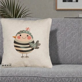 Perna Decorativa Pui Kawaii Teal cu Flori, 40x40 cm, Bej Canapea, Husa Detasabila, Perna Inclusa, BEKZ®