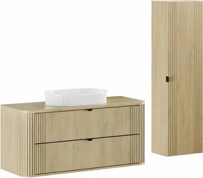 Set dulap baza suspendat 120 cm cu blat, lavoar si dulap coloana Comad Ovalia stejar Cremona